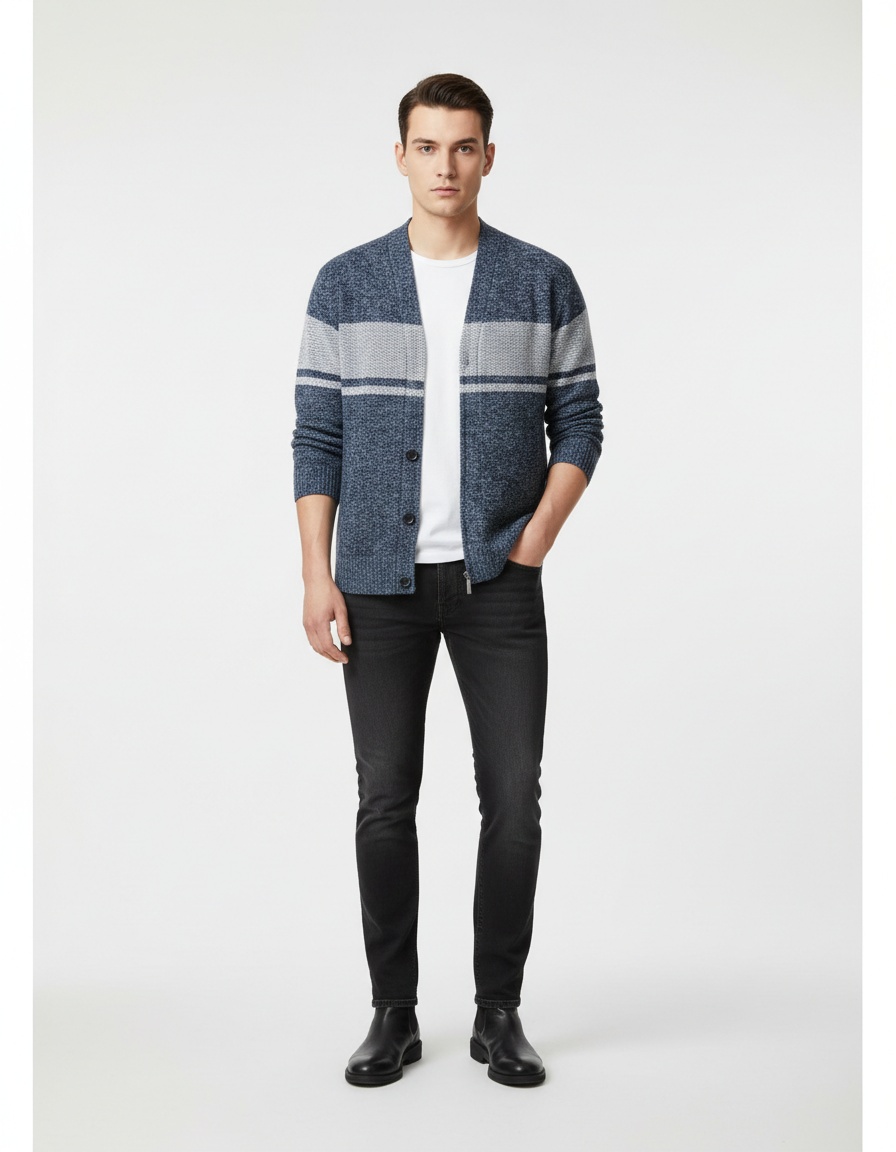 Men's V-Neck Color Block Knit Cardigan Versatile Sweater Jacket