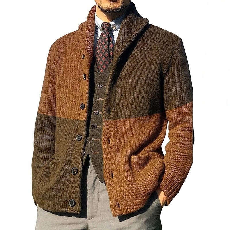 Men's Lightweight Lapel Color Block Cardigan Versatile Knit Sweater