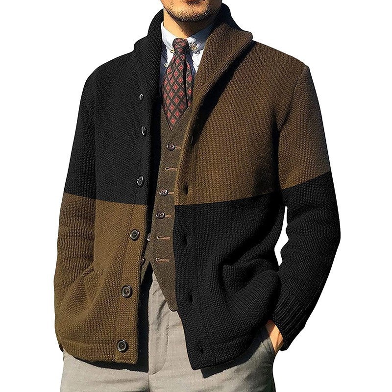 Men's Lightweight Lapel Color Block Cardigan Versatile Knit Sweater