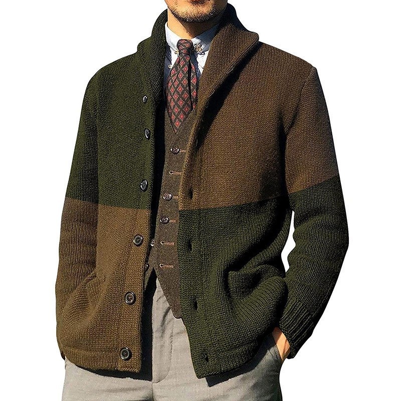 Men's Lightweight Lapel Color Block Cardigan Versatile Knit Sweater
