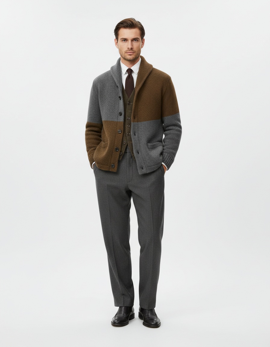 Men's Lightweight Lapel Color Block Cardigan Versatile Knit Sweater