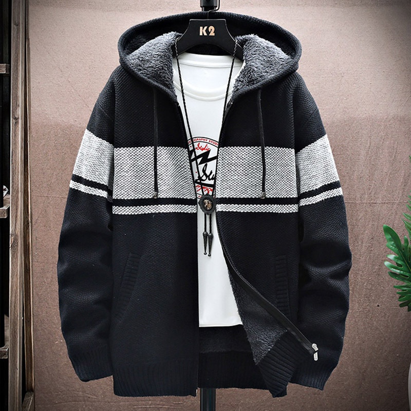 Men's Super Warm Hooded Fleece Lined Thick Sweater Loose Long Sleeve Jacket