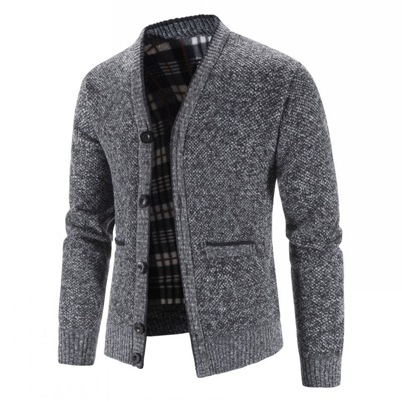 Men's Slim Fit Fleece Lined V-Neck Thick Knit Cardigan Sweater