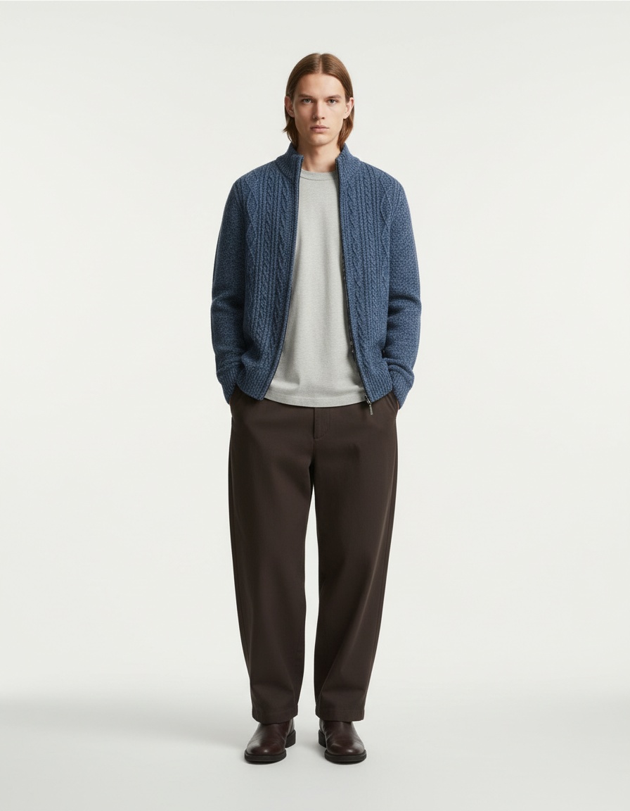 Men's Thick Jacquard Knit Cardigan Stand Collar Warm Long Sleeve Sweater