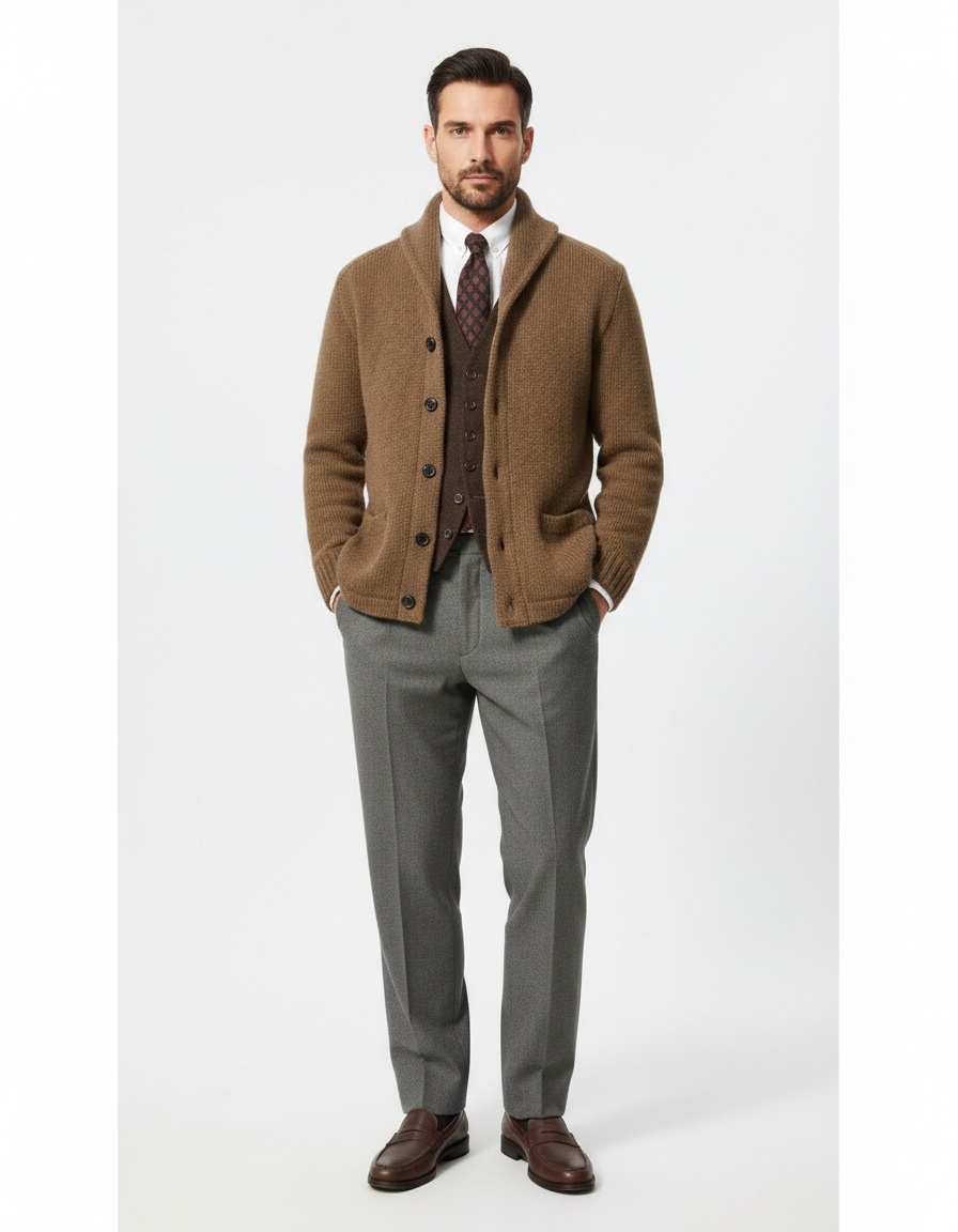 Men's Color Block Lapel Knit Sweater Loose Fit Outerwear Top