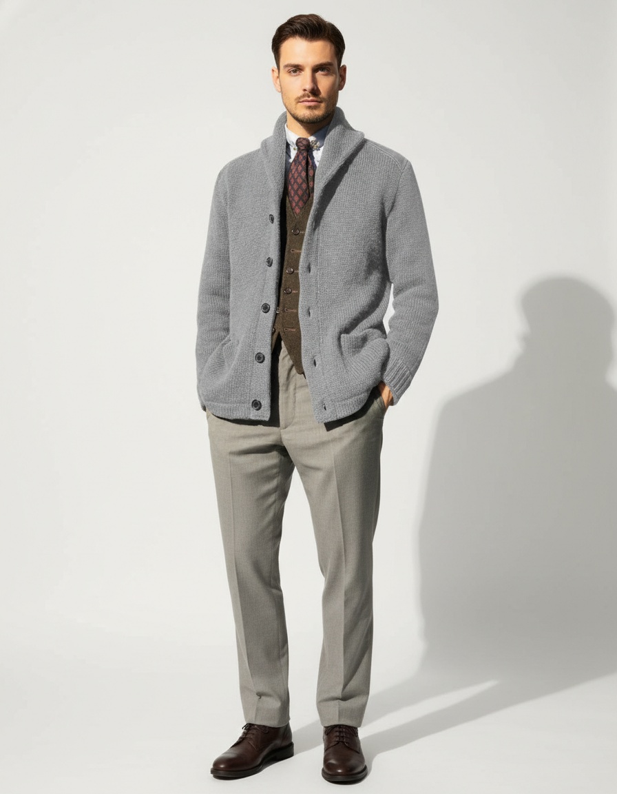 Men's Color Block Lapel Knit Sweater Loose Fit Outerwear Top