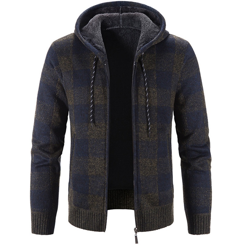 Men's Thick Zip-Up Hooded Knit Cardigan Plaid Sweater Jacket