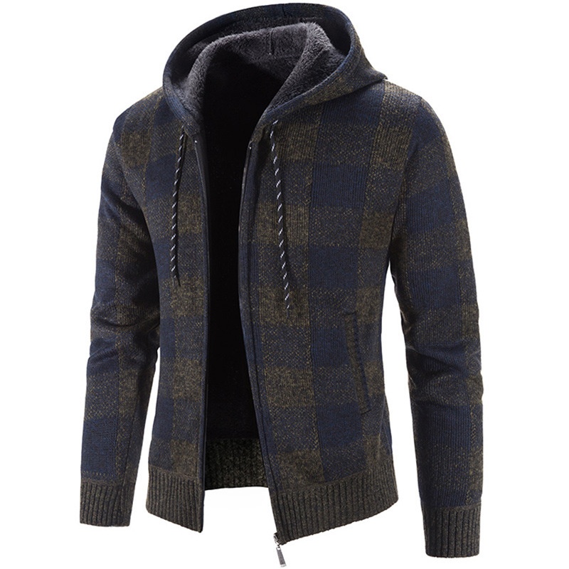 Men's Thick Zip-Up Hooded Knit Cardigan Plaid Sweater Jacket