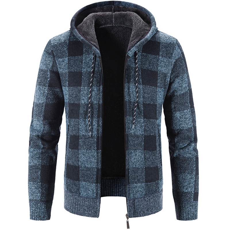 Men's Thick Zip-Up Hooded Knit Cardigan Plaid Sweater Jacket