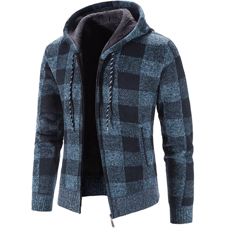 Men's Thick Zip-Up Hooded Knit Cardigan Plaid Sweater Jacket