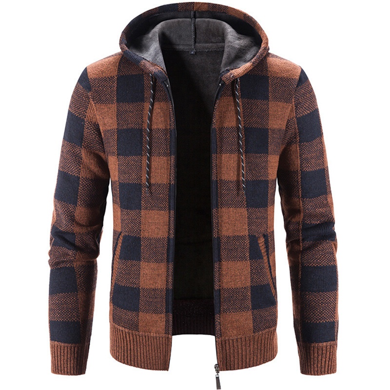 Men's Thick Zip-Up Hooded Knit Cardigan Plaid Sweater Jacket