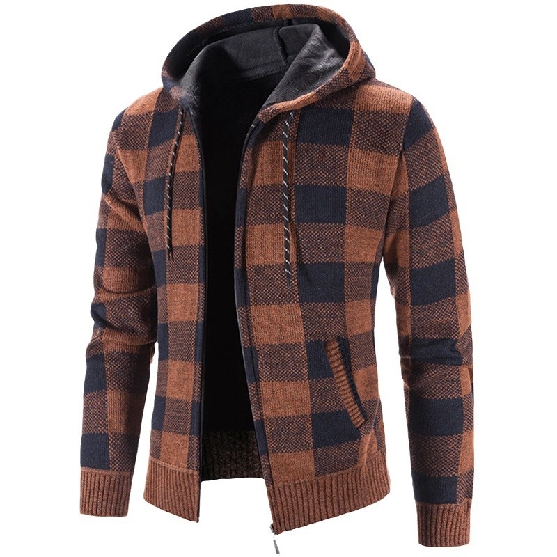 Men's Thick Zip-Up Hooded Knit Cardigan Plaid Sweater Jacket