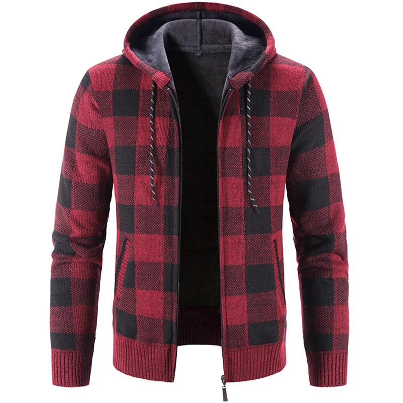 Men's Thick Zip-Up Hooded Knit Cardigan Plaid Sweater Jacket
