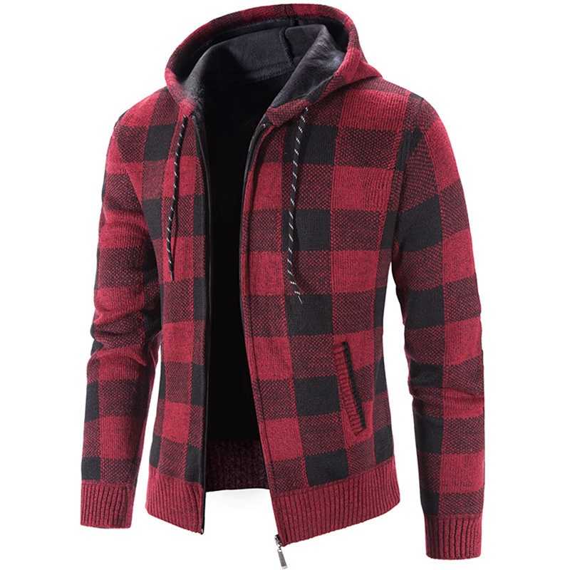 Men's Thick Zip-Up Hooded Knit Cardigan Plaid Sweater Jacket