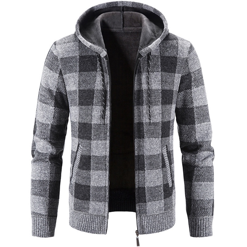 Men's Thick Zip-Up Hooded Knit Cardigan Plaid Sweater Jacket