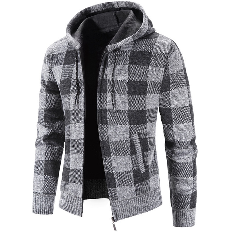Men's Thick Zip-Up Hooded Knit Cardigan Plaid Sweater Jacket