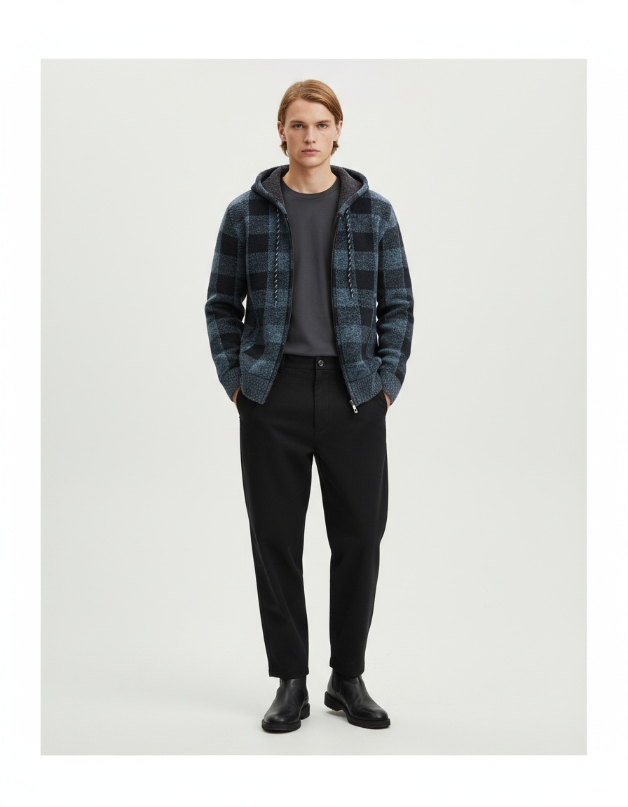 Men's Thick Zip-Up Hooded Knit Cardigan Plaid Sweater Jacket