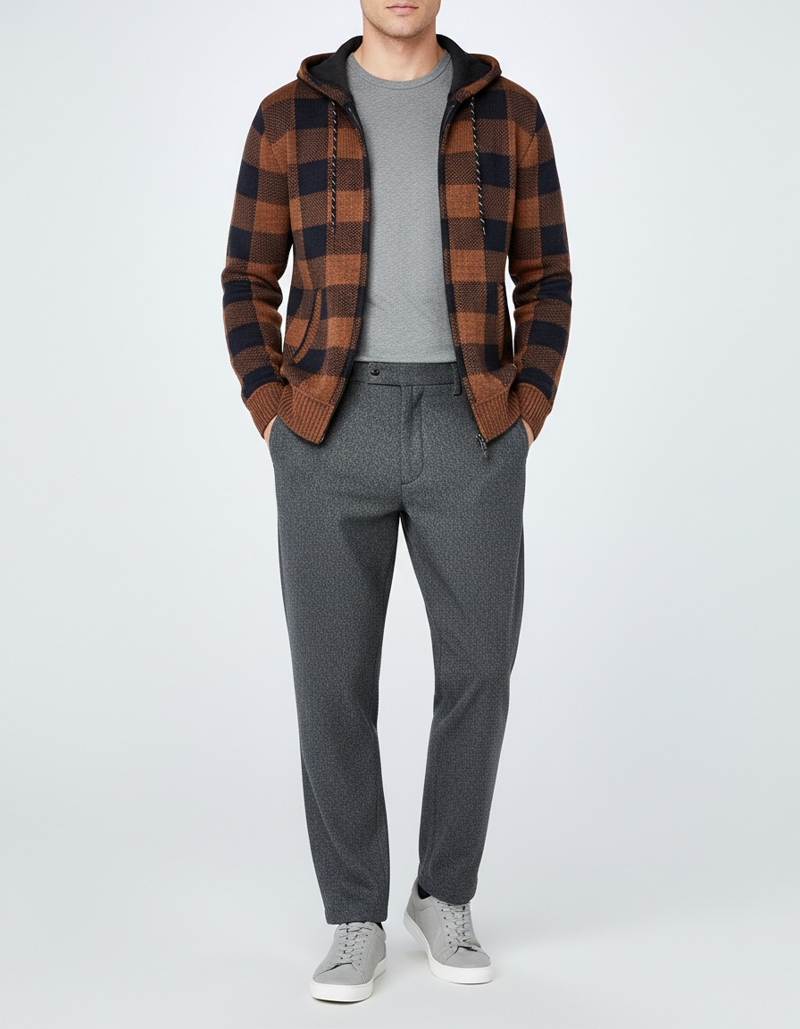 Men's Thick Zip-Up Hooded Knit Cardigan Plaid Sweater Jacket