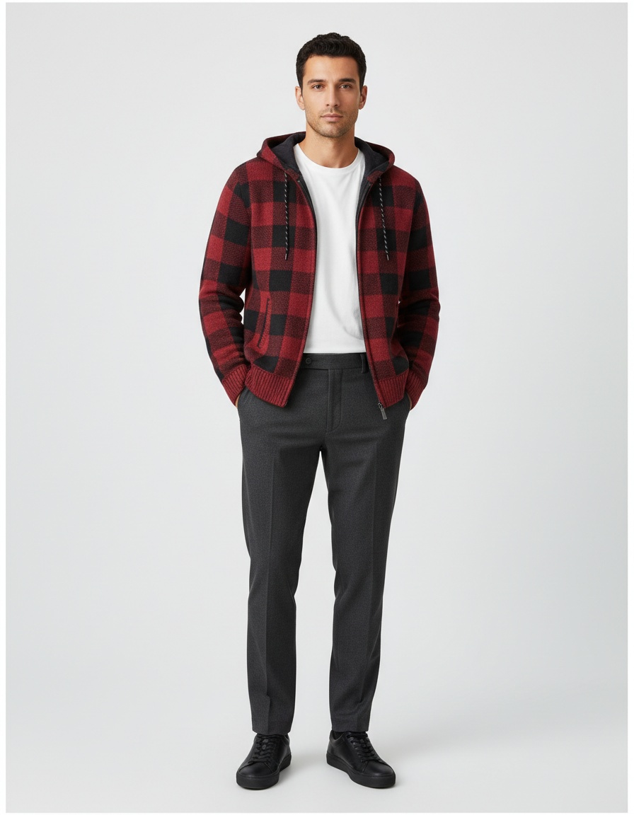 Men's Thick Zip-Up Hooded Knit Cardigan Plaid Sweater Jacket