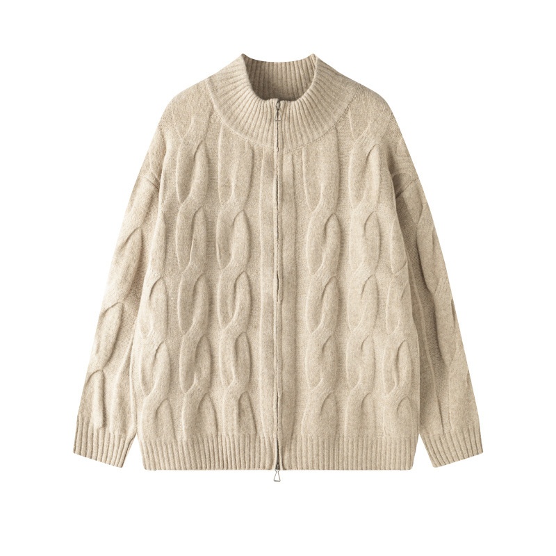 Men's Retro Cable Knit Zip Cardigan Casual Sweater