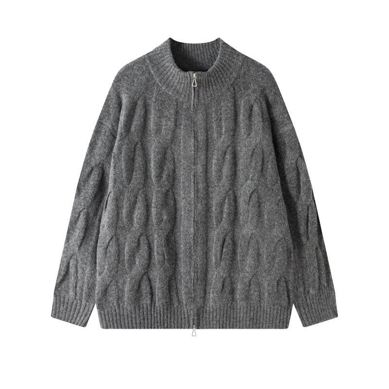 Men's Retro Cable Knit Zip Cardigan Casual Sweater