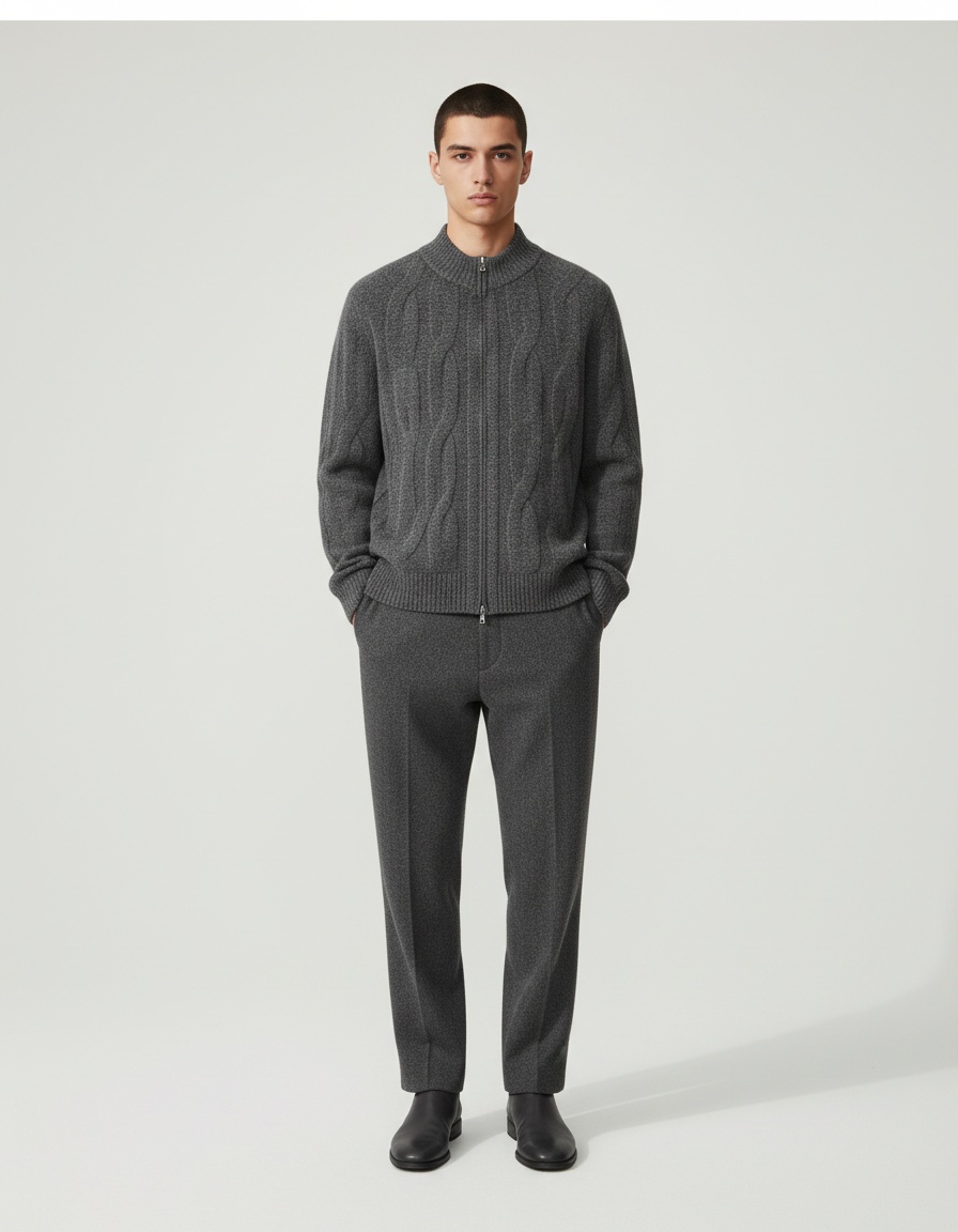 Men's Retro Cable Knit Zip Cardigan Casual Sweater