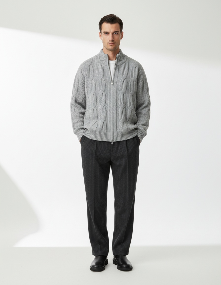 Men's Retro Cable Knit Zip Cardigan Casual Sweater