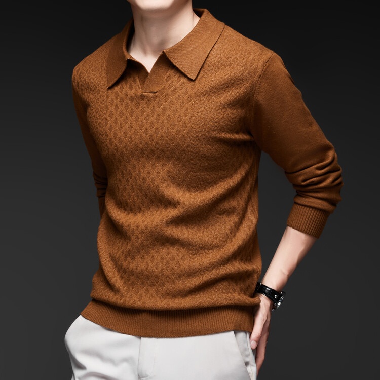 Men's Lapel Solid Color Knit Sweater Fashion Long Sleeve Casual Top