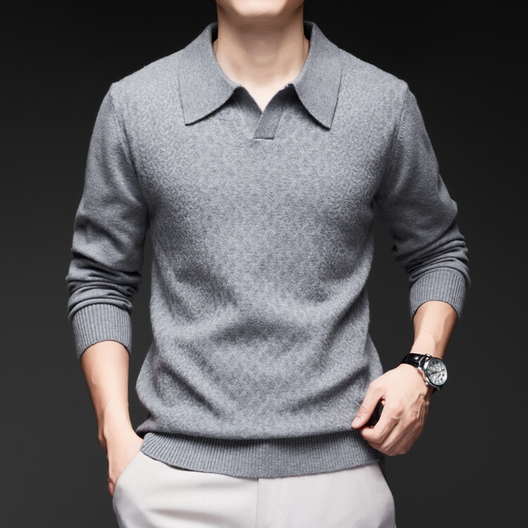 Men's Lapel Solid Color Knit Sweater Fashion Long Sleeve Casual Top