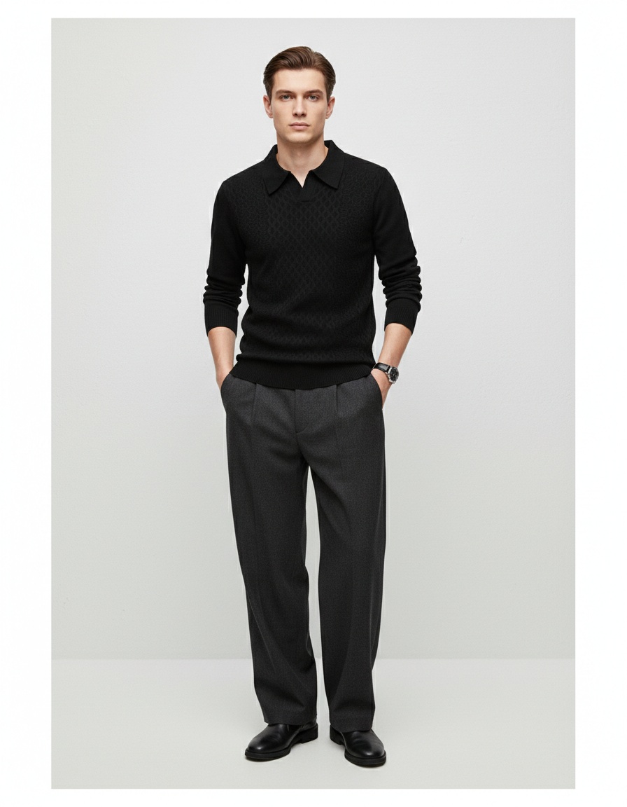 Men's Lapel Solid Color Knit Sweater Fashion Long Sleeve Casual Top