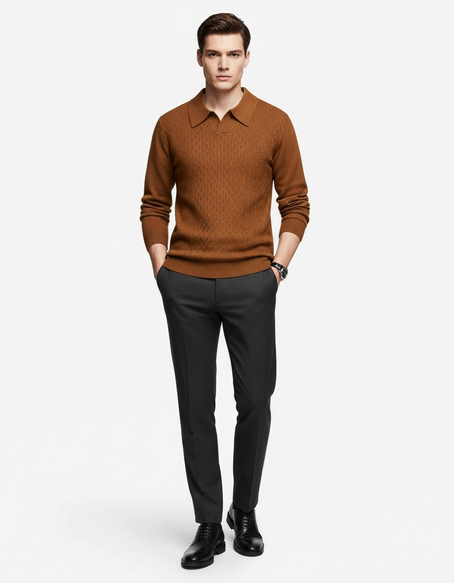 Men's Lapel Solid Color Knit Sweater Fashion Long Sleeve Casual Top