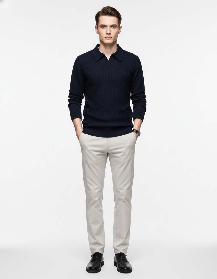 Men's Lapel Solid Color Knit Sweater Fashion Long Sleeve Casual Top