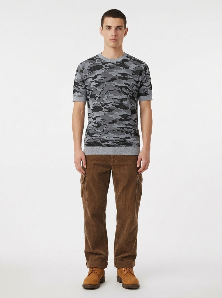 Men's Camo Knit Short Sleeve Sweater - Modern Crew Neck