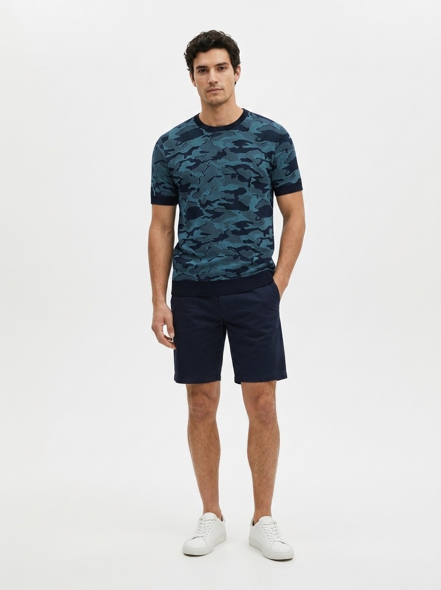 Men's Camo Knit Short Sleeve Sweater - Modern Crew Neck