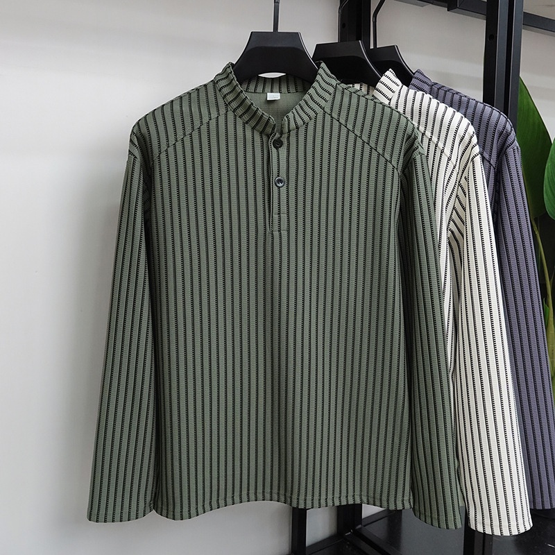 Men's Striped Stand Collar Long Sleeve Casual Shirt
