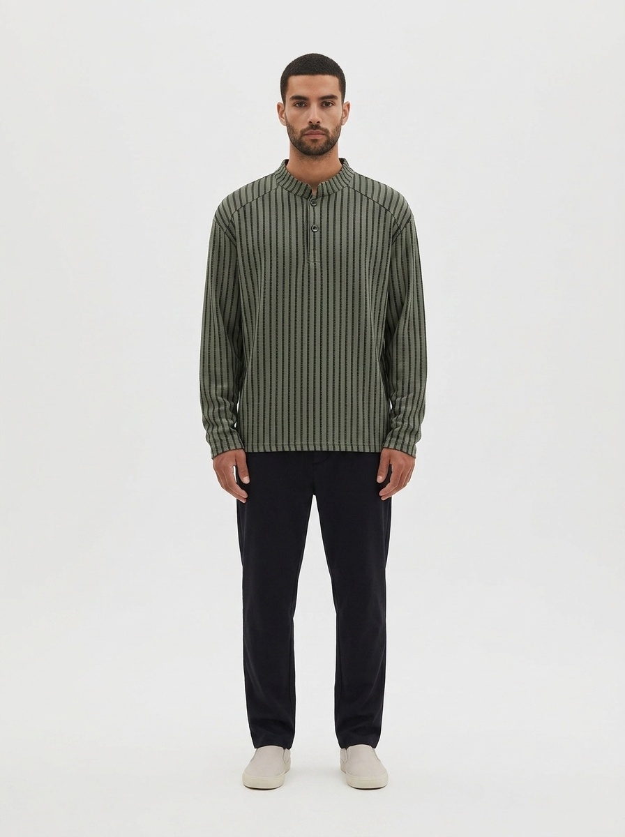 Men's Striped Stand Collar Long Sleeve Casual Shirt