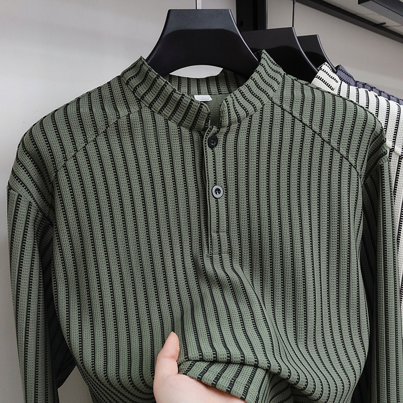 Men's Striped Stand Collar Long Sleeve Casual Shirt