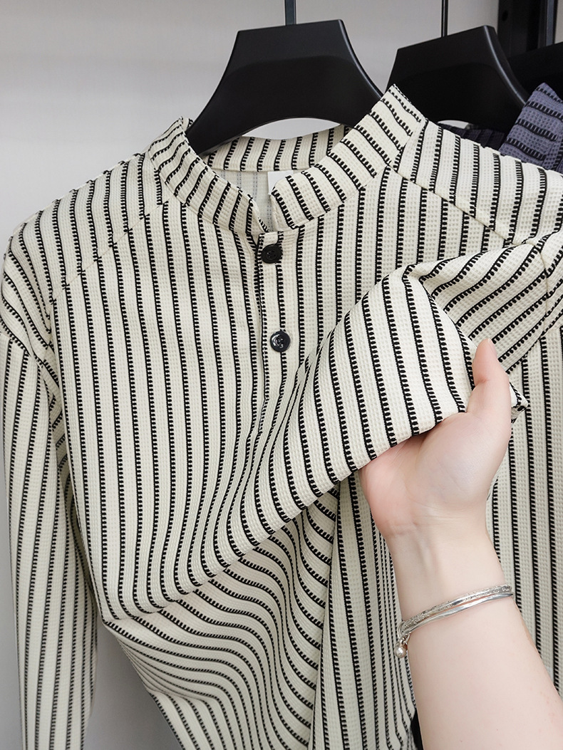 Men's Striped Stand Collar Long Sleeve Casual Shirt