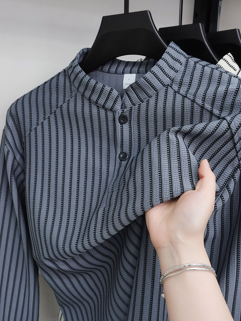 Men's Striped Stand Collar Long Sleeve Casual Shirt