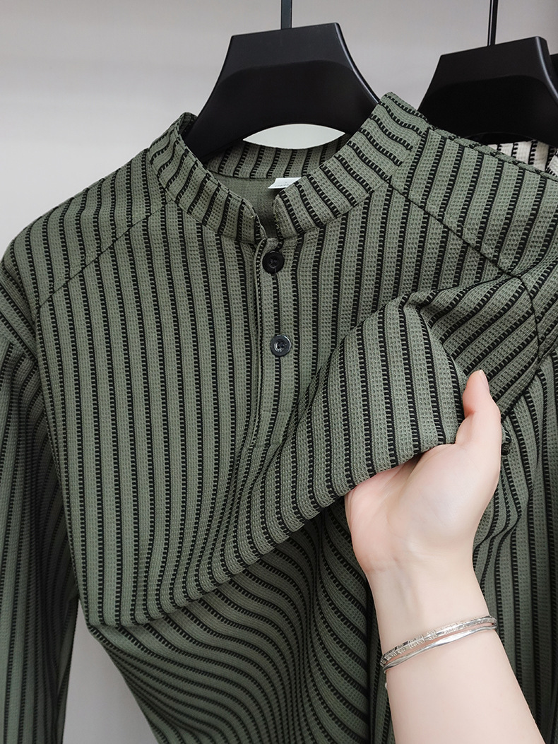 Men's Striped Stand Collar Long Sleeve Casual Shirt