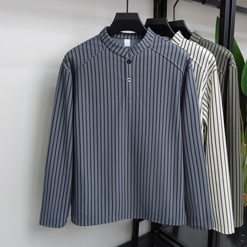 Men's Striped Stand Collar Long Sleeve Casual Shirt