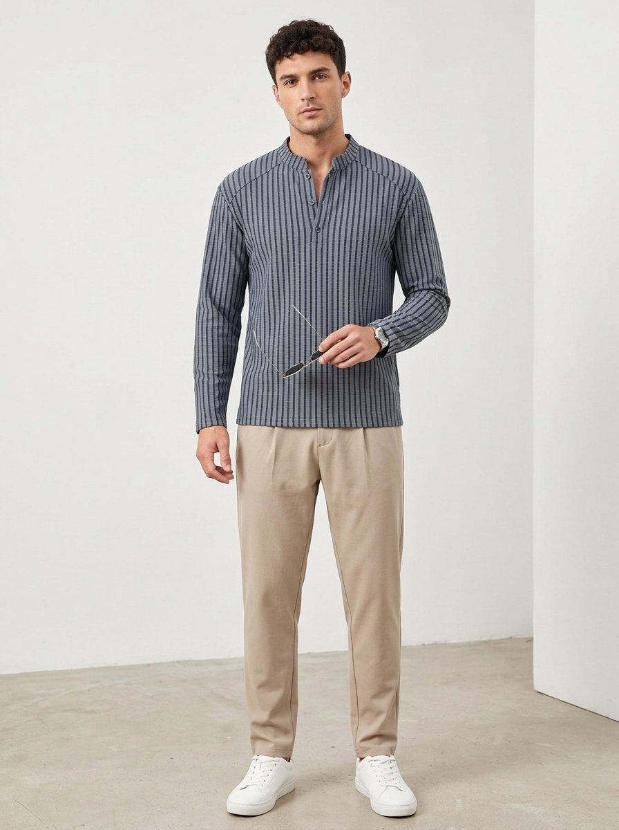 Men's Striped Stand Collar Long Sleeve Casual Shirt