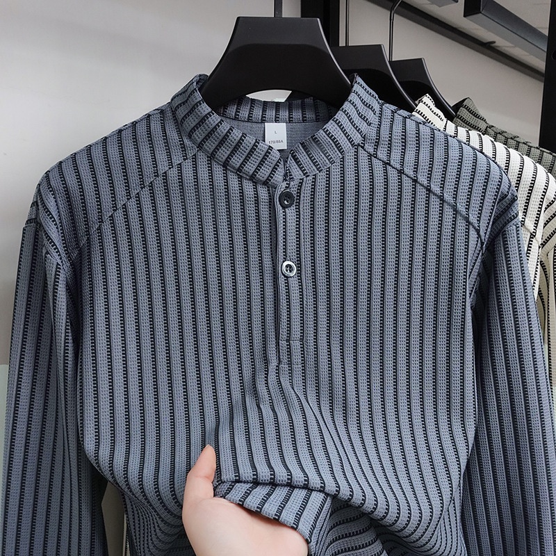 Men's Striped Stand Collar Long Sleeve Casual Shirt
