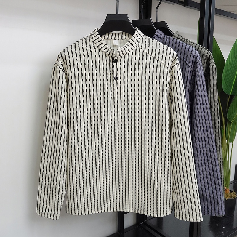 Men's Striped Stand Collar Long Sleeve Casual Shirt