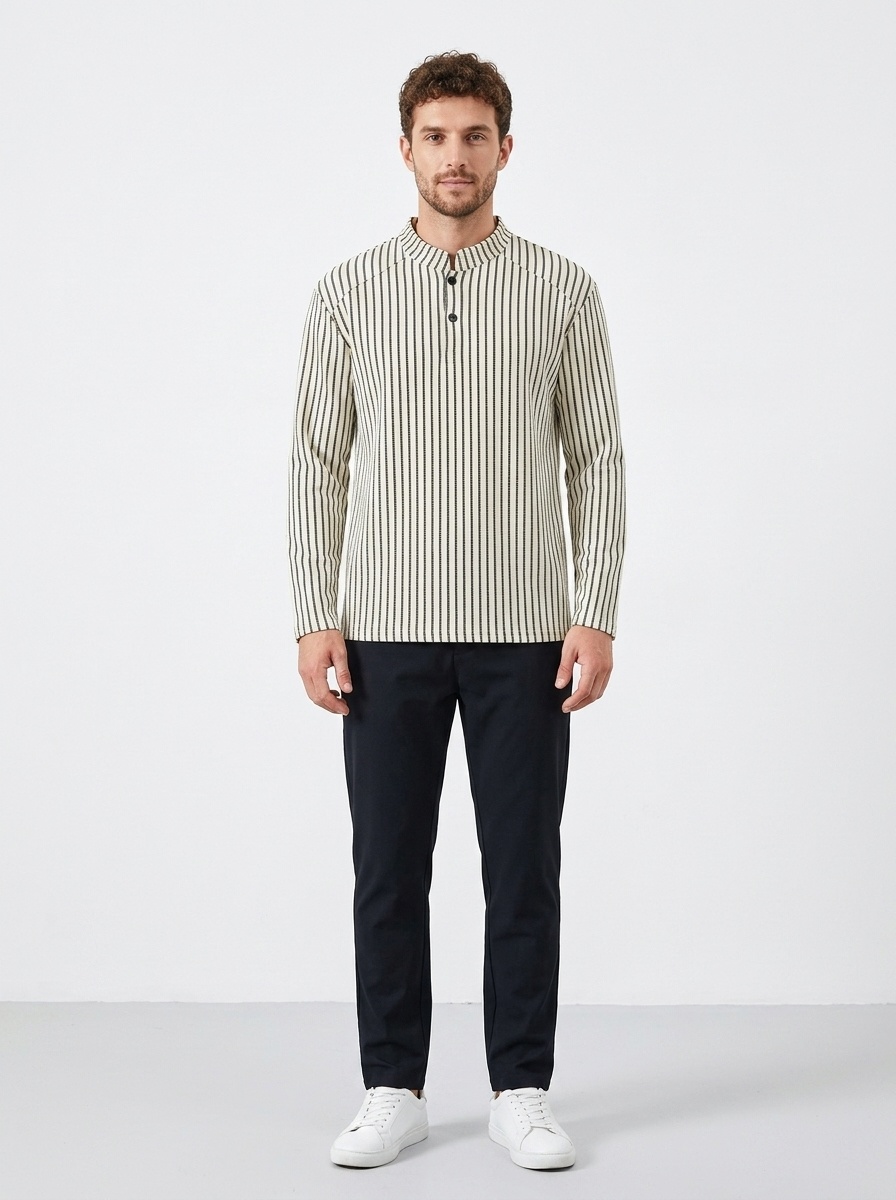 Men's Striped Stand Collar Long Sleeve Casual Shirt