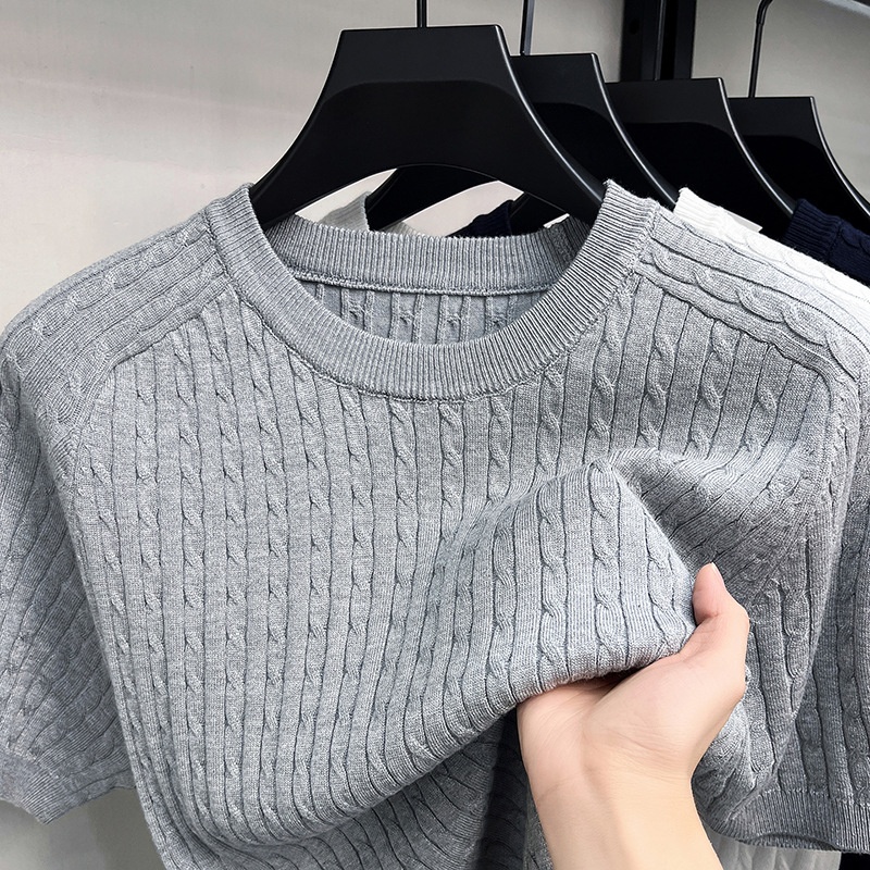 Men's Cable Knit Short Sleeve T-Shirt - Crew Neck Sweater