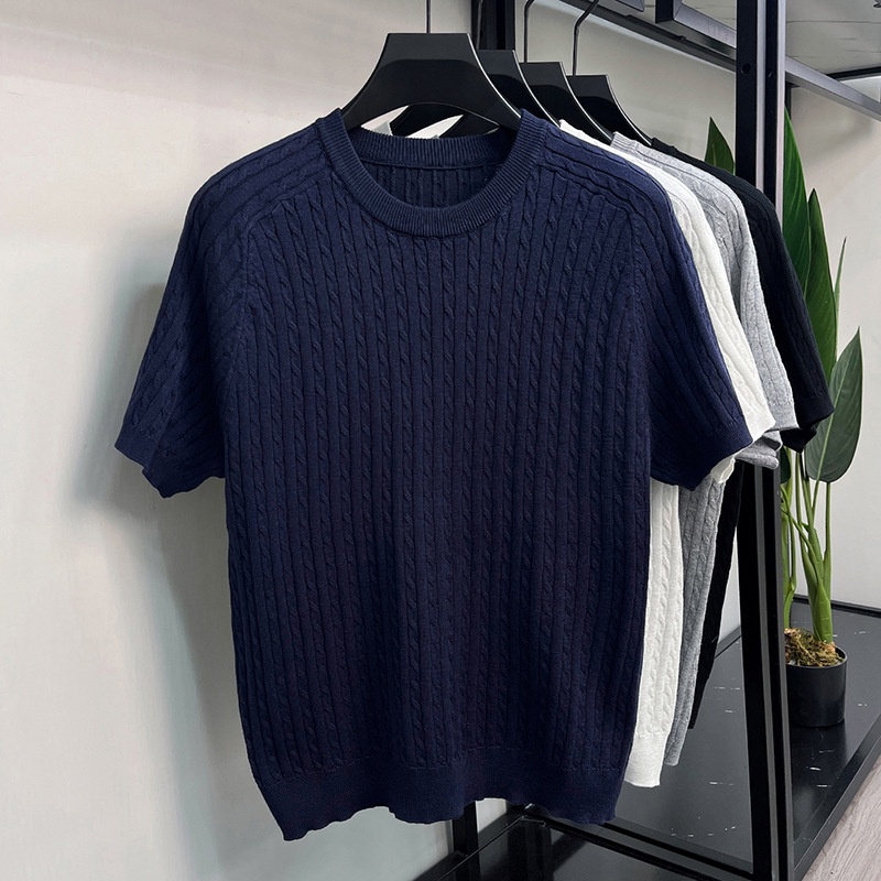 Men's Cable Knit Short Sleeve T-Shirt - Crew Neck Sweater