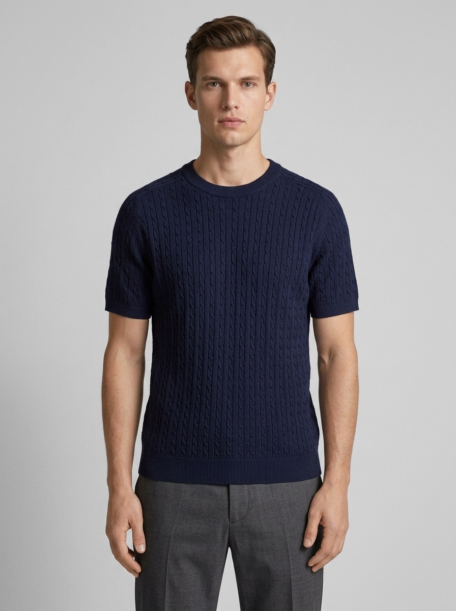 Men's Cable Knit Short Sleeve T-Shirt - Crew Neck Sweater