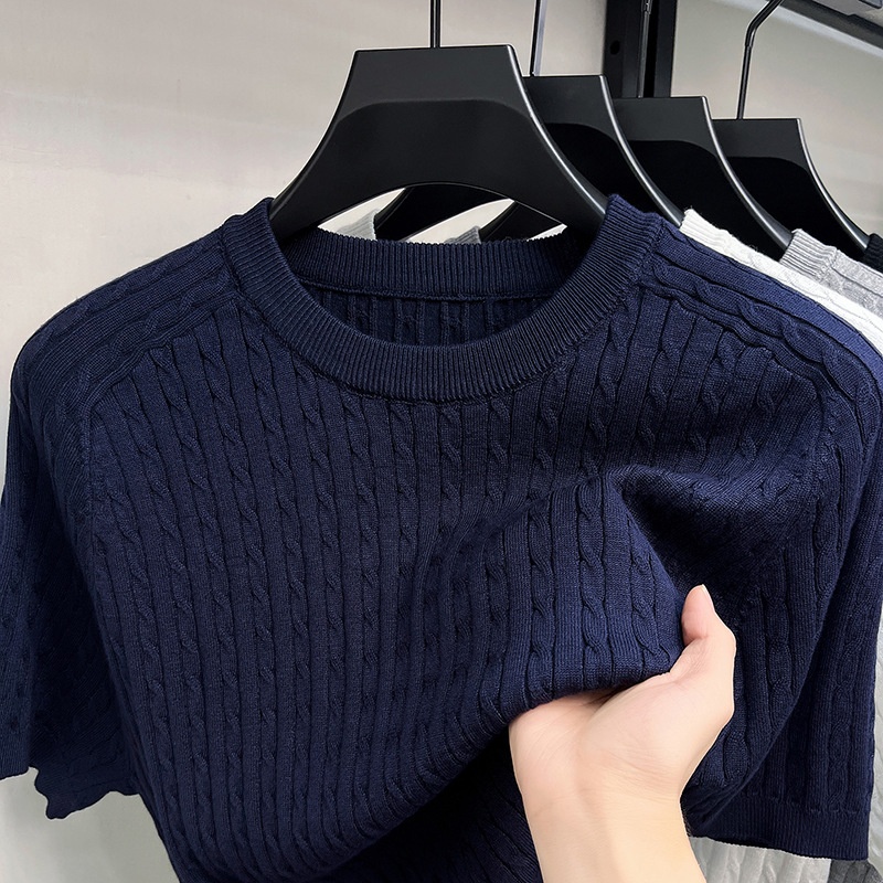 Men's Cable Knit Short Sleeve T-Shirt - Crew Neck Sweater