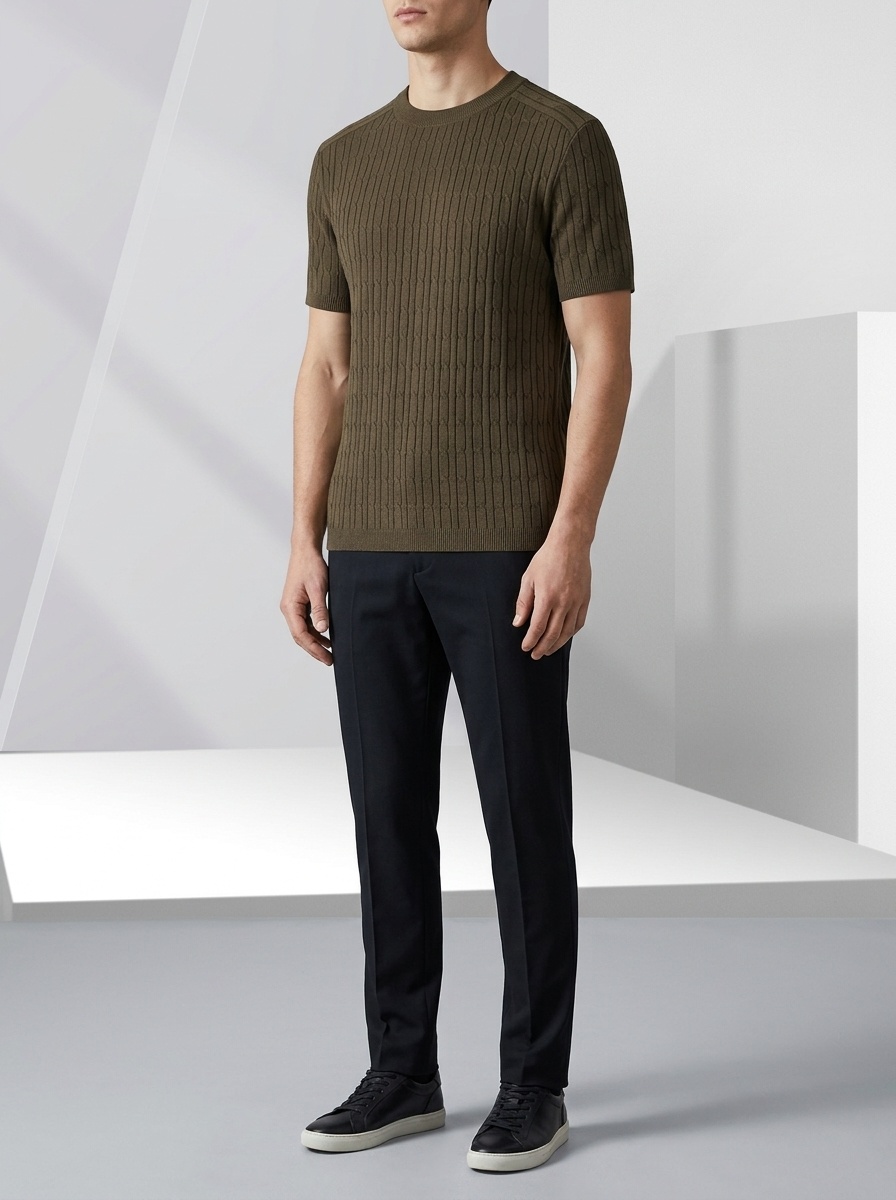 Men's Cable Knit Short Sleeve T-Shirt Crew Neck